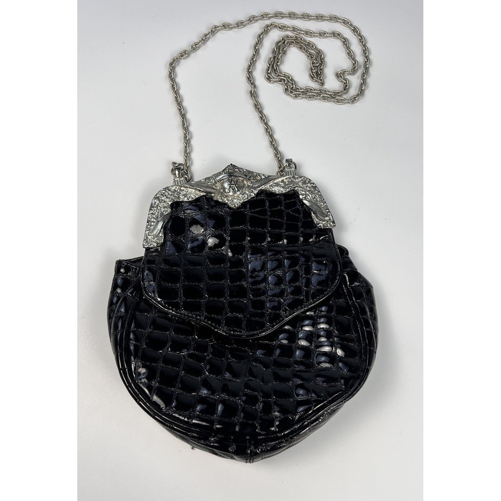Nina Arjani 90s Leatherock Black Patent Croc Leather Crossbody Bag